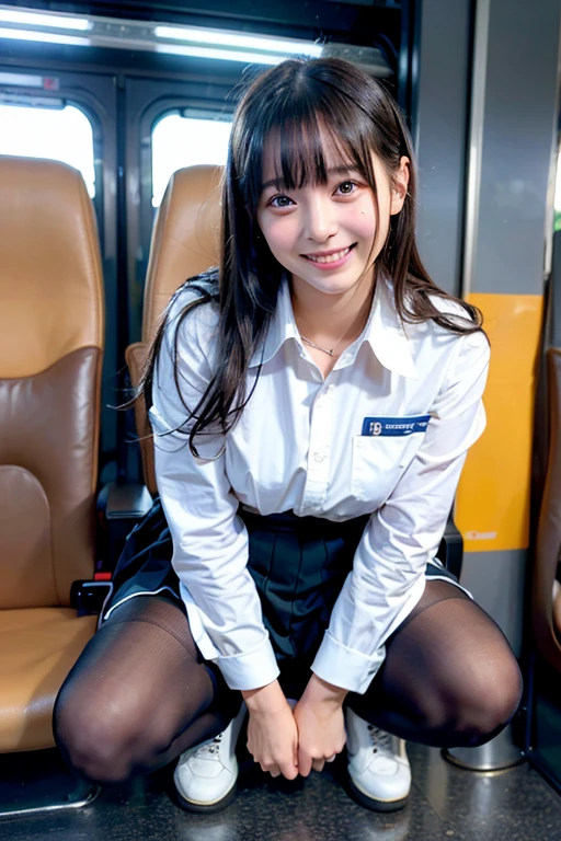 4K.Sharp focus、(((Sit well))), Beauty sitting on train seat, Taken from the opposite seat, Knee height seat, View Photographer, Tall Woman, One Woman, whole body, (Smiling at the photographer), tight skirt, (pantyhose), High heels, Sexy Dress, Long legs, Heavy makeup, Perfect Makeup, Perfectly styled hair、Clothes that show the chest、Girl in school uniform、
