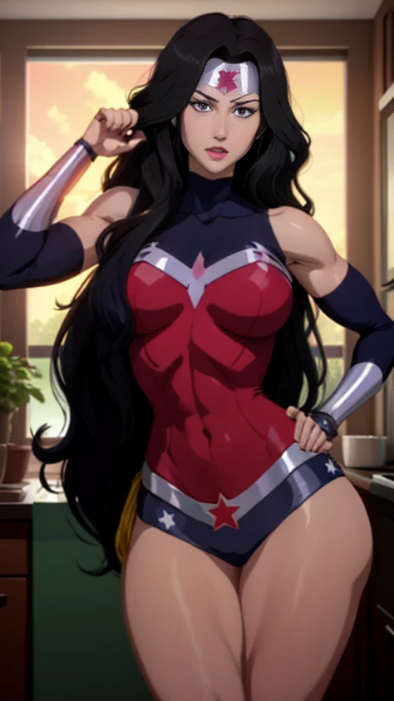 masterpiece, best quality, matsumoto rangiku, beautiful lighting, long hair, (Wonder Woman costume), crop top, mini skirt, turtleneck, gigantic breasts, underboob, standing, looking at viewer, blue eyes, smile, japanese architecture, cowboy shot, shiny skin, gigantic breasts, curvy, seductive smile, bare shoulders, elbow gloves, black hair ,