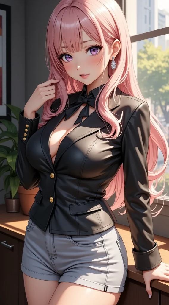(best quality:1.5, highres, UHD, 4K, detailed lighting, shaders), gold floral haired, gradient hair, large breasts, suit, gray shirt, social shirt, short skirt, mature woman , (pov), white background, colorful eyeshadow, dramatic lighting, sparkling eyes, sensual expression, golden earrings, flowing hair, delicate facial features, dark skin, high cheekbones, urban setting, white background, dont look for the camera, lean forward, ( pose : behind the camera)