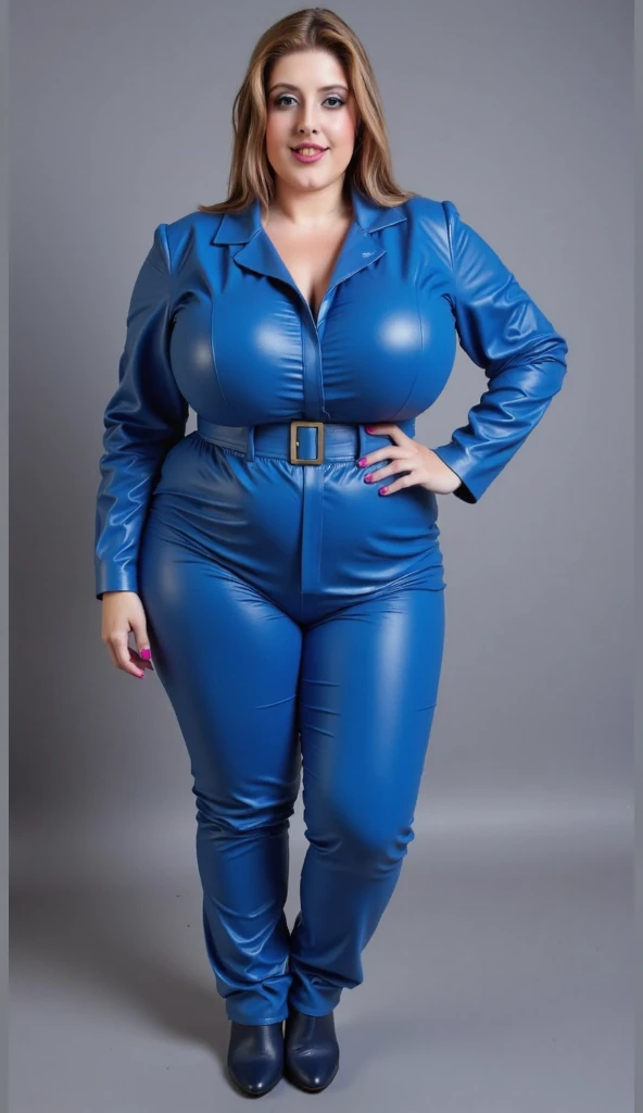 A portrait of a beautiful Russian woman with light blue eyes, weighing 85 kilograms and standing 175 centimeters tall. She is wearing stylish fetish clothing. She has a muscular and realistic body like a body