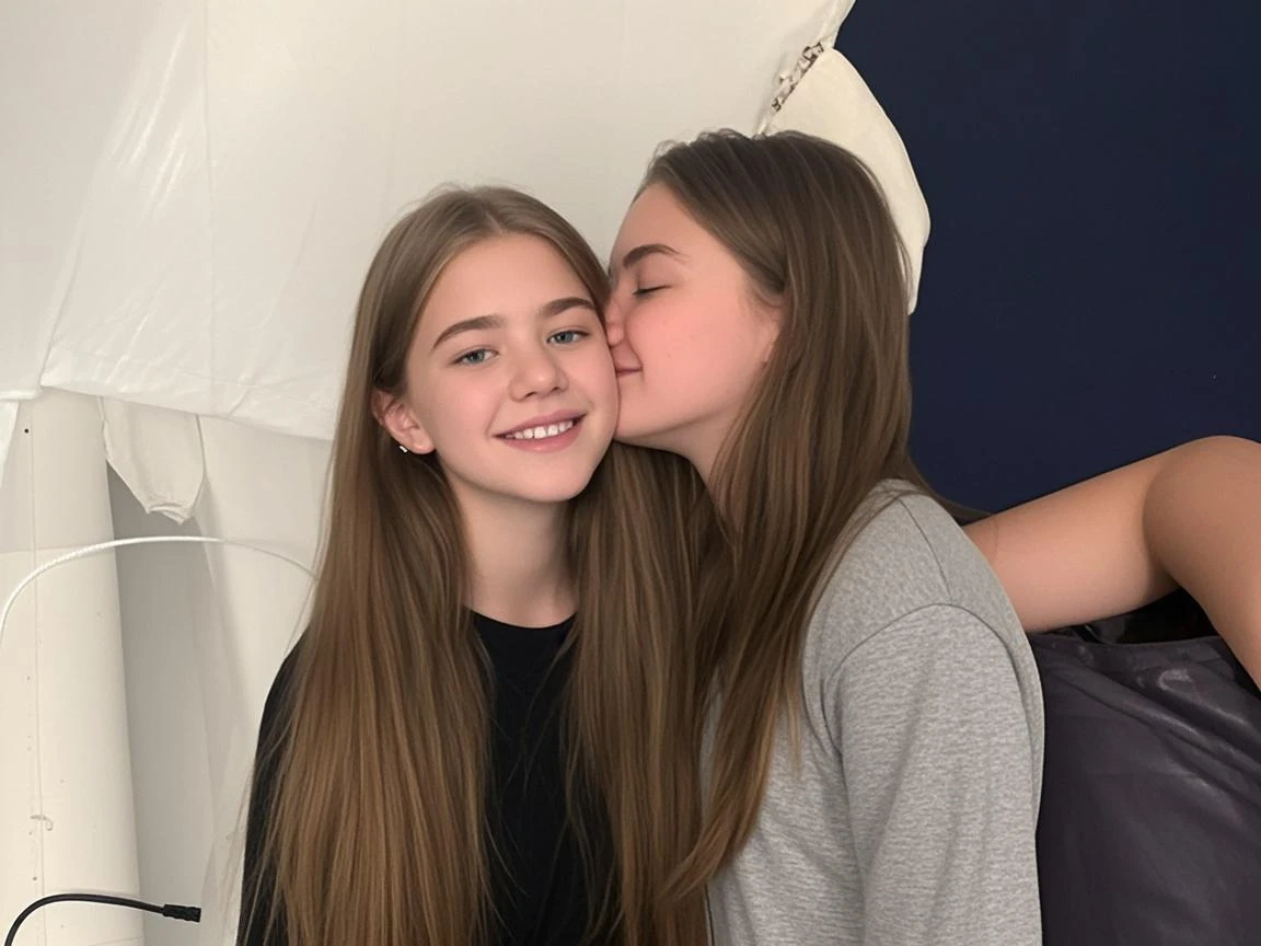 2heads, mom and daughter, (1head:1.5 child), (1head:1.5 young adult) (one torso:1.5), Irish, white girls, age difference, (two heads on one body:1.4), (first head uncomfortable:1.5), (second head unhappy:1.5) conjoined twins, heads side by side, one torso, young, realistic faces, lifelike faces, uncomfortable, barefoot