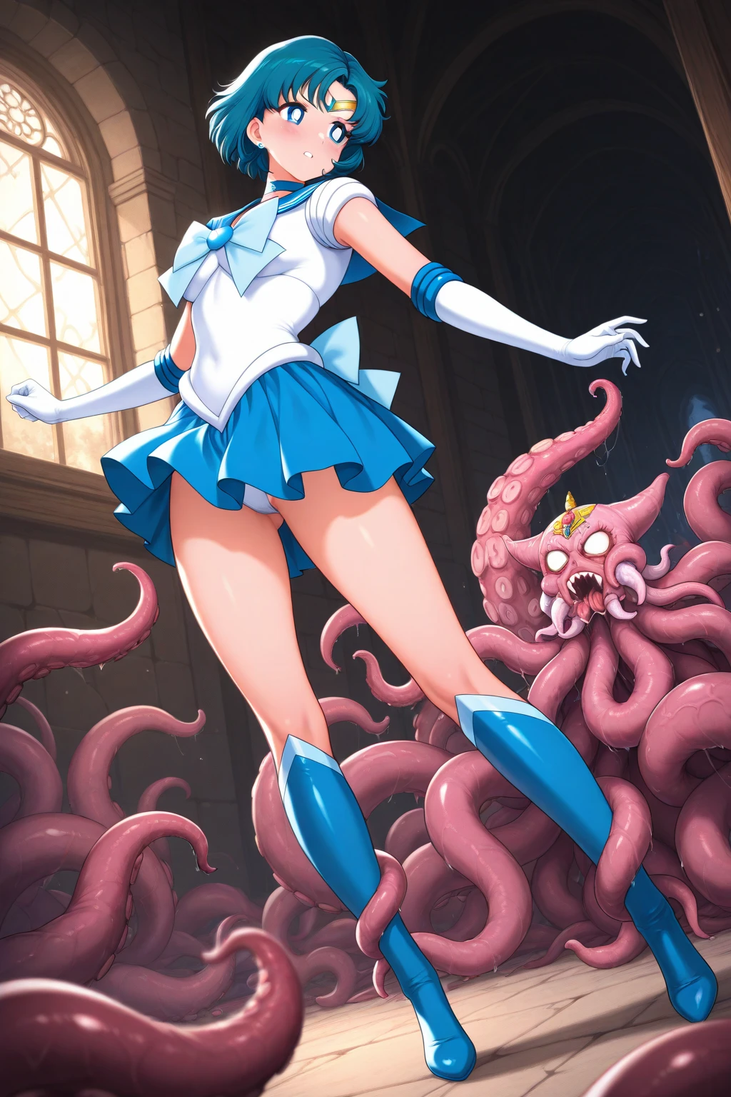 One Woman、Braided twin tails、Huge breasts、(Huge breasts:1.8)、Glasses、blue eyes、Green Hair、,((Sailor Warriorini skirt))、((Embarrassed expression))、((full moon))、((Picture below))、((Thigh-high boots))、((length))、((White length Gloves))、((White panties))Iron Tentacles, Mechanized Tentacles ,Mechanical machine, Mechanical dicks, Mechanical penises,Mechanical tentacles,2-hole penetration double penetration,Bondage BDSM,Bondage Bondage,Tentacles under clothes tentacles under clothes