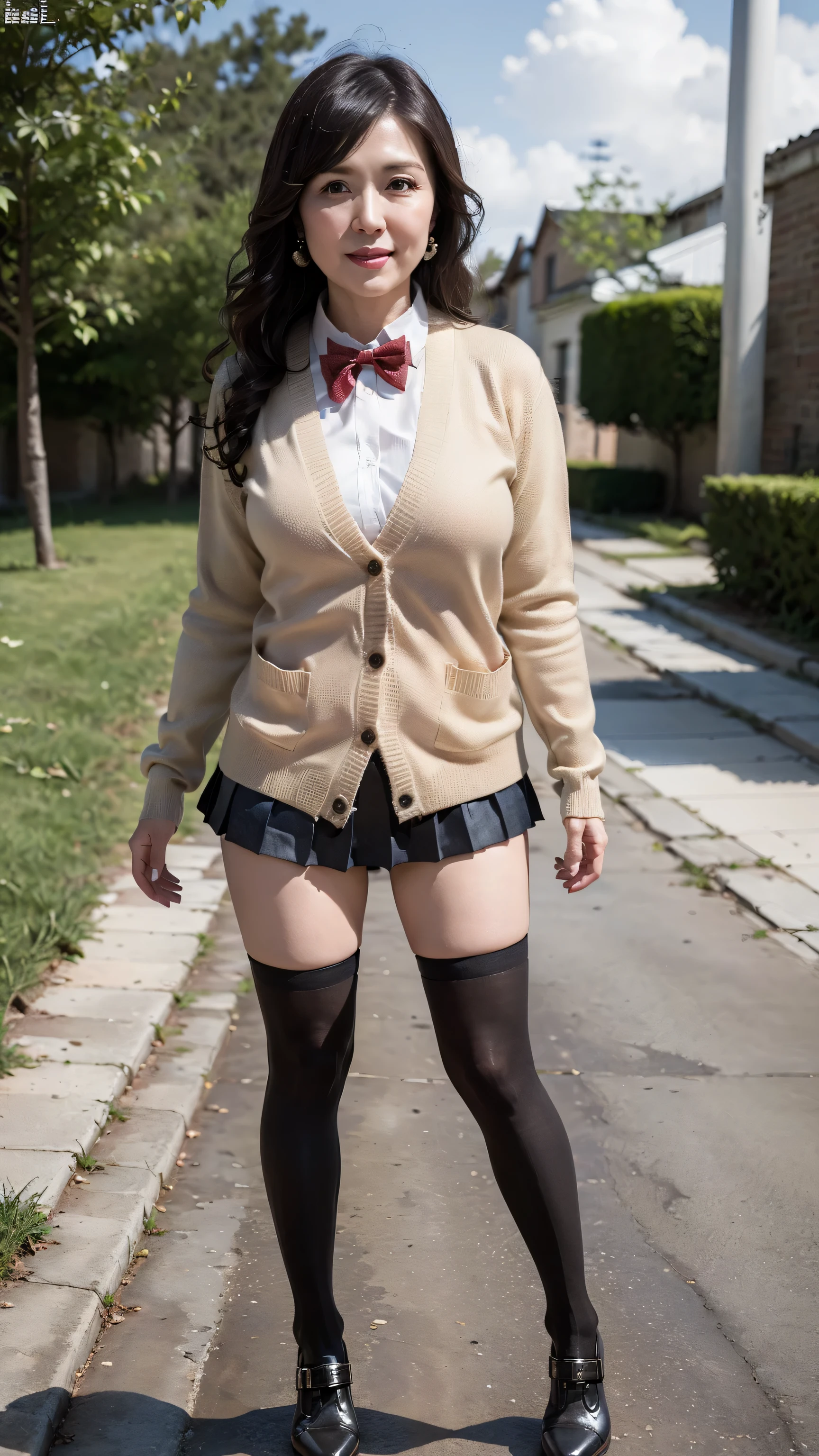 full body shot, from below, Japanese mature, 58 years old, detailed face , smile, facial wrinkles, Wrinkles Around Eyes, detailed skin texture , white skin, dark makeup , long hair, (curvy body, pleated thighs:1.3), (earrings, Red Bowtie, brown cardigan, Red Skirt,pleated skirt like ruins, micro mini skirt:1.2), (black thigh high socks, wear high heels:1.2), (Standing on the sidewalk, full body shot from toe to head wearing black high heels,:1.2), (surrealism, top quality, Ultra Details, absolute resolution, 8k, anatomic correct), depth of field, staring at the viewer in dark blue denim, ((TI)), detailed face , full body, mu tips e boys, 58 years oldの熟女がコスプレしている, underwear, one leg