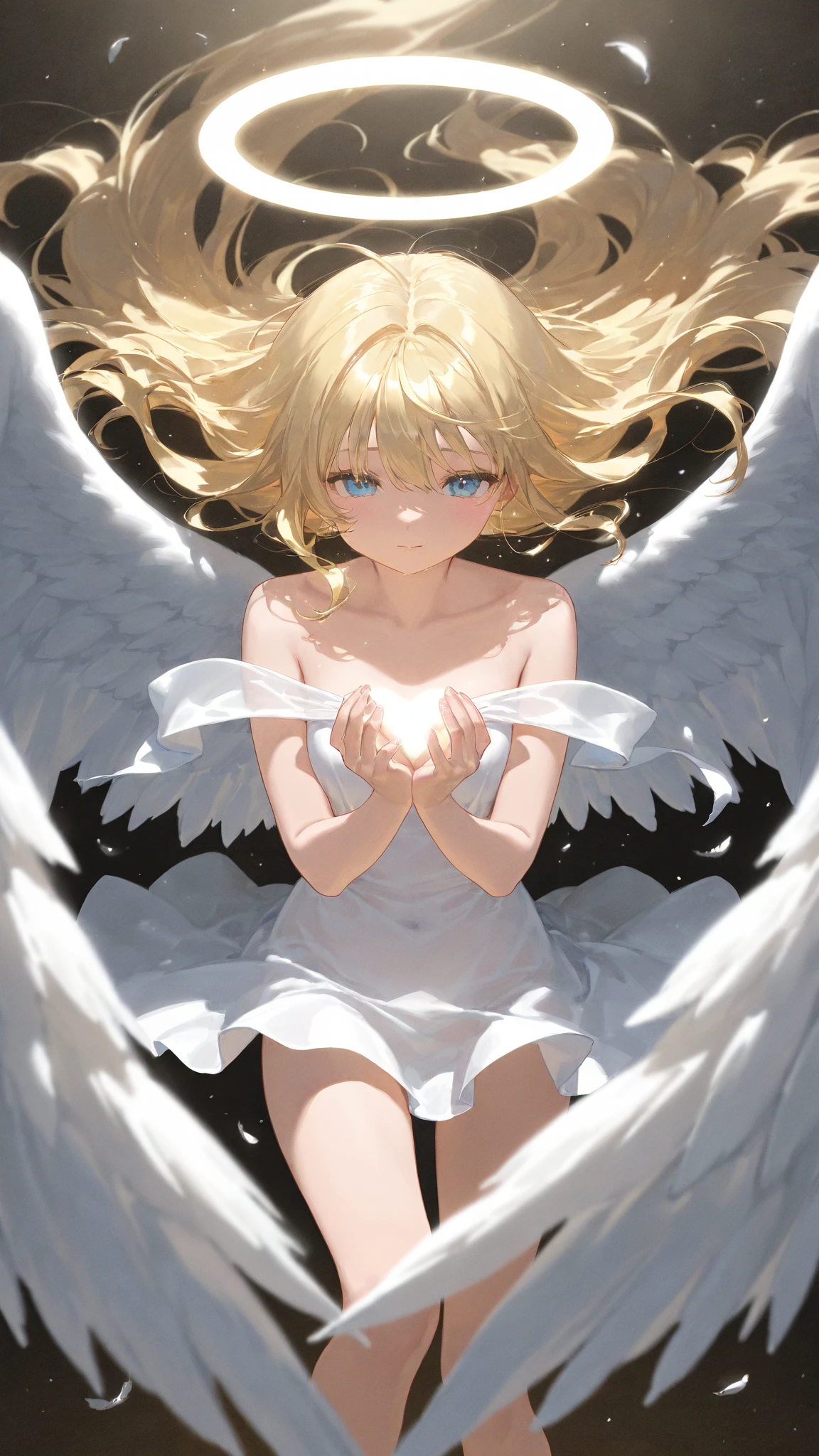 1boy, female focus, boku no hero academia, injury, White wings, masterpiece, best quality, very aesthetic, absurdres, white nightgown, blonde hair, emerald eyes 