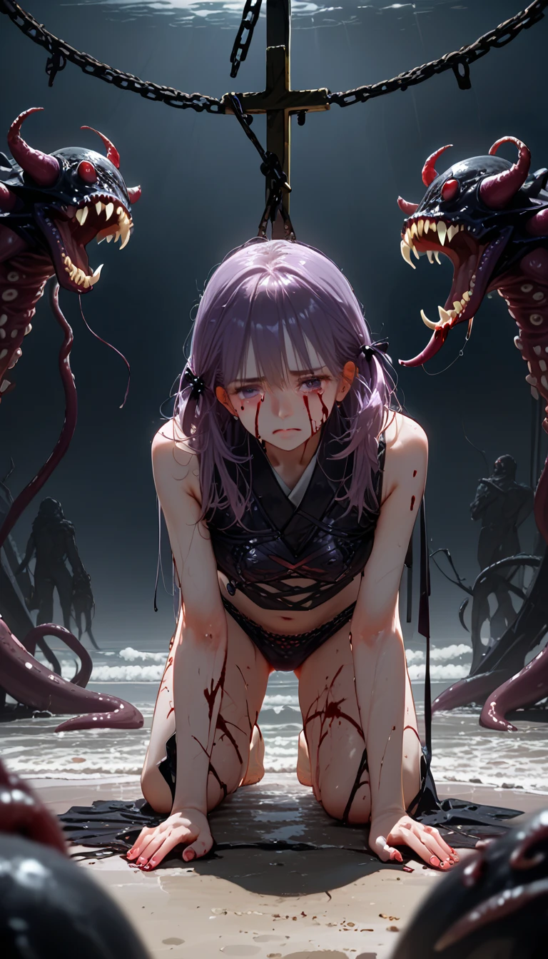 masterpiece, best quality, masterpiece,best quality,official art,extremely detailed CG unity 8k wallpaper, show foot, little girl, solo, kawaii, no_humans, medium hair, black hair, tentacle hair, saliva, blood on face, light blush, red eyes, blood from eyes, large breasts, hanging breasts, one breast out, seifuku, black pantyhose, uwabaki, tentacle, vore, bdsm, girl_on_top, sex, femdom, facesitting, pussy_juice, female_ejaculation, cum, zombie  girl ，one girl one boy，Girl infects man，Man under girl，Zombie girl