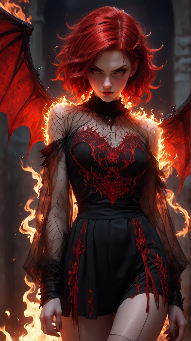 A hyper realistic, photo real, realism, dramatic lighting, ultra sharp focus, a beautiful korean girl, red lazer eyes, red long wavy hair, messy windy hair, front view, walking in the dark forest, wearing black mini nightgown, very sexy gown, bare feet, transparent dress, low cut, ((open wide arms)), detailed skin texture, detailed beautiful face, she has big black demon wings on her back, detailed wings feather, blured background, some ray of light from the tree behind, orange red backlighting, dramatic lighting, some fire and smoke flying surround it, very dark forest, dark fantasy concept, front view, sharp eyes to the viewer, angry expression, she has red sharp nails on her fingers, showing her claws to the viewer, red lips, open mouth showing her fangs, big baphomet horn on her head. Her devil's aura is so scary. fire flaming on her hands, some black tattoo on his face, warm tone color