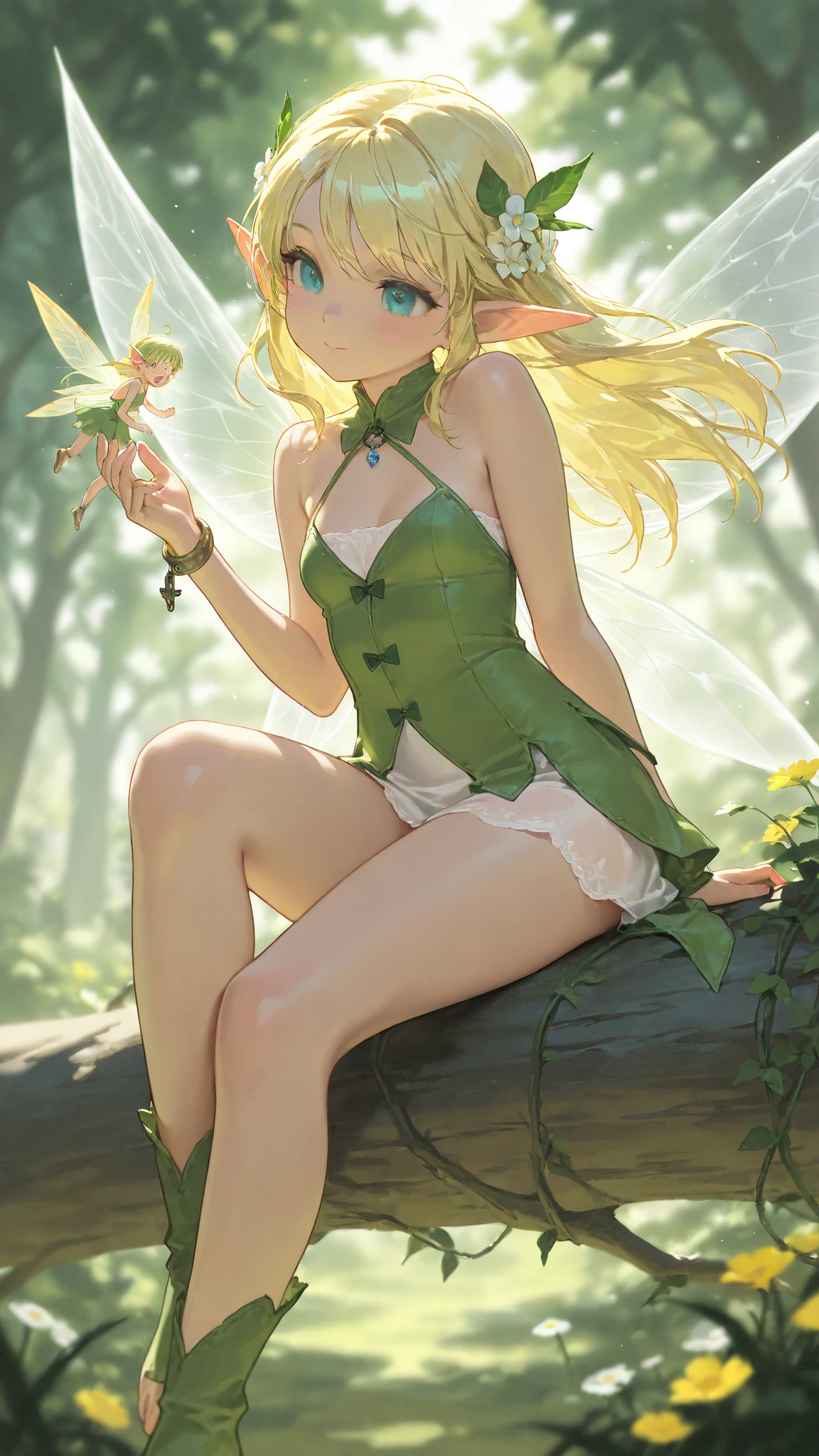 1girl, Wide hips, naughty smile, Skindentation, blush, wise elf stands in an enchanted forest, wearing a green cloak and bow. He has blonde hair and silver eyes, looking at the viewer with curiosity, pony tail, hair ribbon, thigh gap, looking at viewer, cleavage, midriff, arms behind back