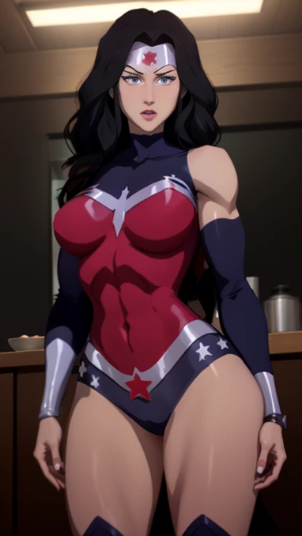 A dark-skinned heroine woman with an exclusive sexy red body-hugging uniform with American comic style details