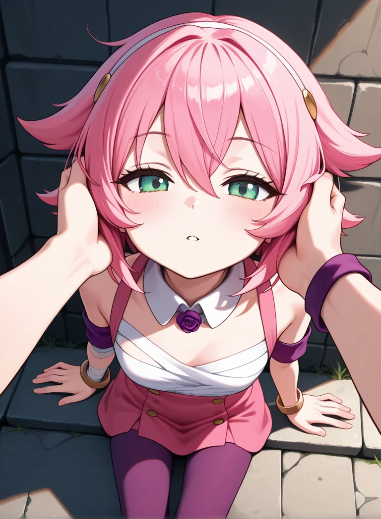 score_8, score_7_up, score_6_up, score_5_up, score_4_up , anime coloring source_anime, anime screencap,
benisumomo, long hair, hair ornament, red eyes, navel, pink hair, japanese clothes, choker, hairclip, flat chest, black choker, (naked:1.3), , forest, tree, looking up, from above, looking at viewer, half-closed eyes, headpat, fellatio, pov. penis, saliva, standing, standing blowjob, outdoors,