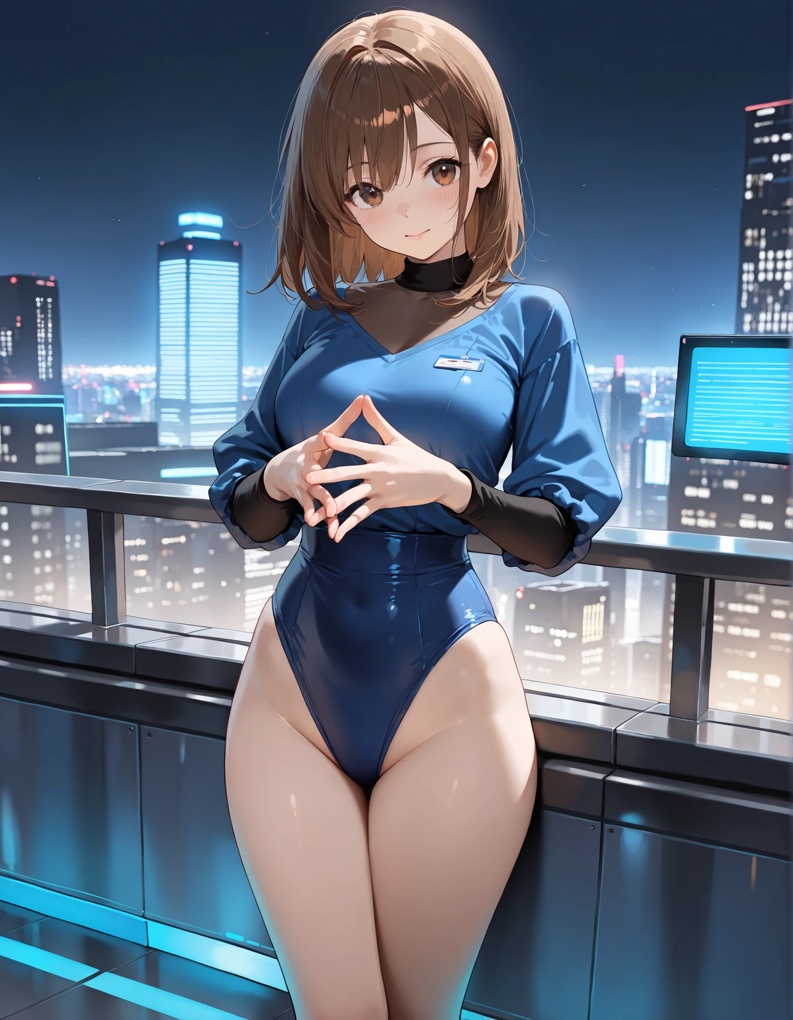 1 girl,Blue leotard,Super High Leg Cut,blue eyes,serious face,brown hair,bob hair,New York City,Big Breasts,blush,Sweat,barefoot,bare hands,thin,walk,Embarrassing,alley,wall graffiti,Scattered garbage,dark,Garbage can,cardboard,Cowboy Shot,dark,Asian Squat,Backwards,Butt,back,