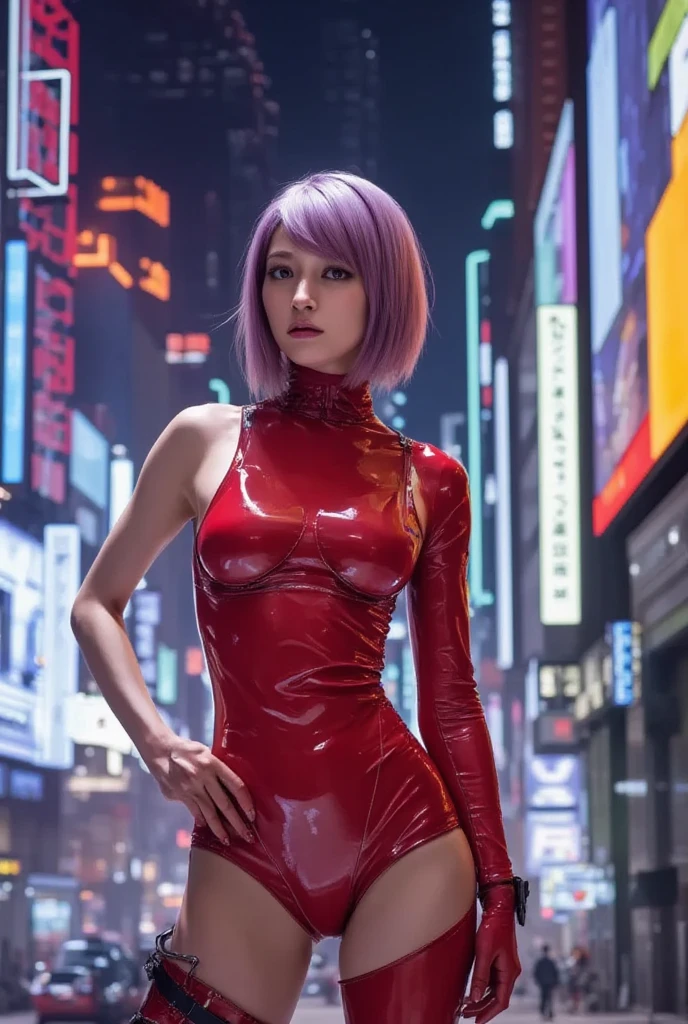 1 girl. best quality, (realistic photo:2), (raw photo:2) thin waist, full body, (breasts out:2), (show pussy:2), (small breasts:2), small ass, (skinny thighs:1.5), platinum pink hair, short hair, detailed face, detailed eyes. In the neon-lit night city, standing on the rooftop of a high-rise building, around 18 years old, she was wearing a power suit rich with mechanical details. The power suit was designed with advanced technology, featuring intricate mechanical parts on her arms and legs, and a glowing emblem on her chest. Her expression was filled with determination, and her eyes, staring straight ahead, radiated a strong sense of resolve. In the distant sky, drones were flying, and the entire city was bathed in a futuristic glow. The perspective was slightly elevated, looking down on her, emphasizing her strength and determination.