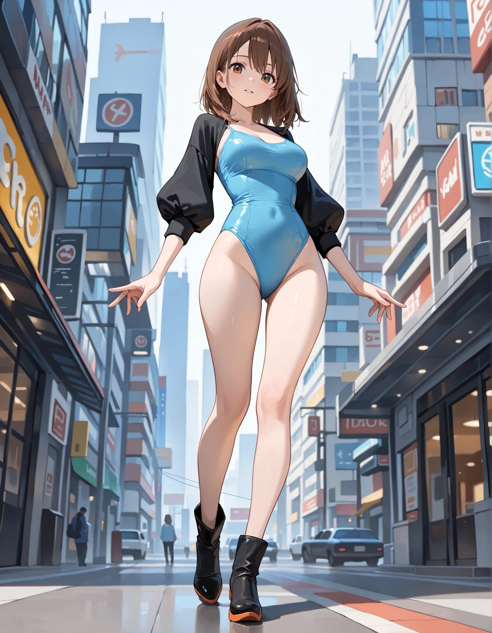 Analog illustration style ((((((A girl in a huge swimsuit is kicking a skyscraper on the street in a city destroyed by an earthquake))))))) ((A destroyed city engulfed in flames) )) ((Fire)) ((Destroyed building)) ((Destroyed car)) ((Pile of rubble)) 90's Giant ((Cloudy sky)) Full body of a huge female girl Destroyed skyscrapers, destroyed cars, crowds Unreal Engine, cleavage, cleavage, earrings, long hair, 1980s (style)