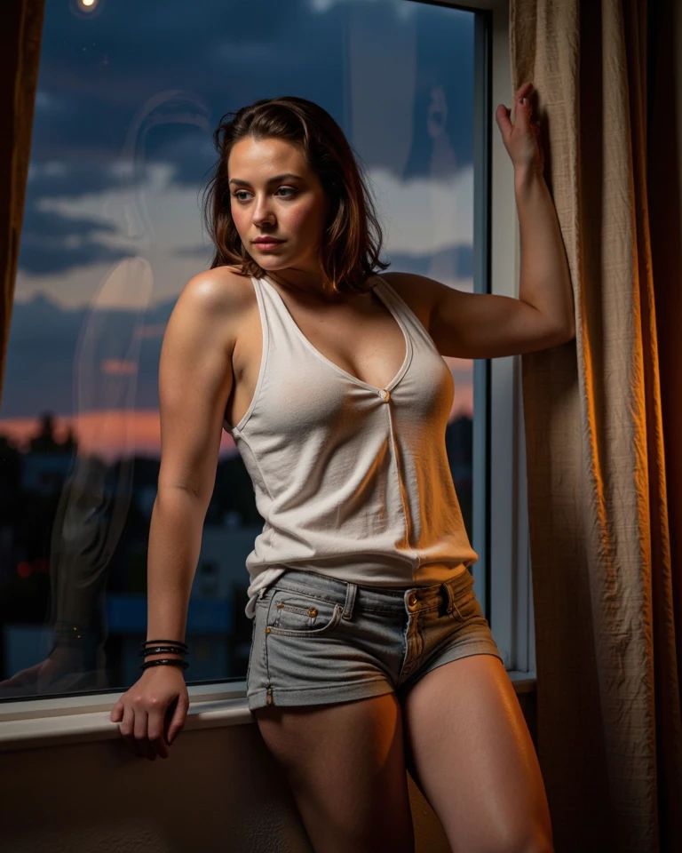 white girl, twin braid hairs, black bra , denim shorts, Net Stockings, portrait, night, standing against high-rise, hard lighting