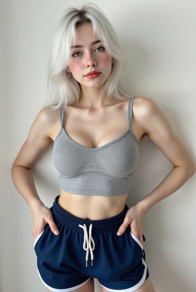 realistic, High resolution, 1 female, glowing skin, alone, wide lips,short hair,wavy hair, hip up,saggy breasts,small face,white hair,Color Contacts,Tank top,Sweat underwear ,white sneakers,whole body,concrete wall,white background,