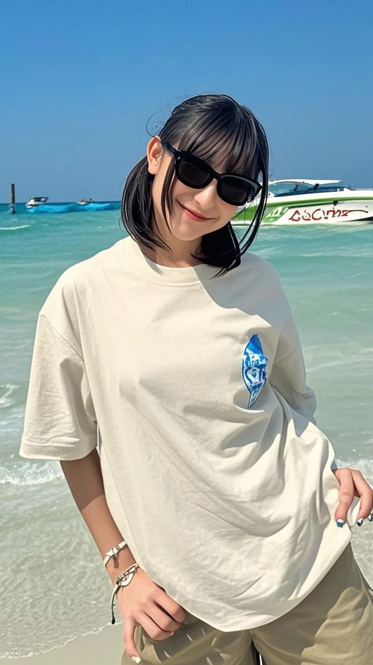 realisticlying,Two 18-year-old boys.Crotch close contact,selfee、Sea bread,T-shirt wearing、the beach,selfee,Face Real,Face Zoom