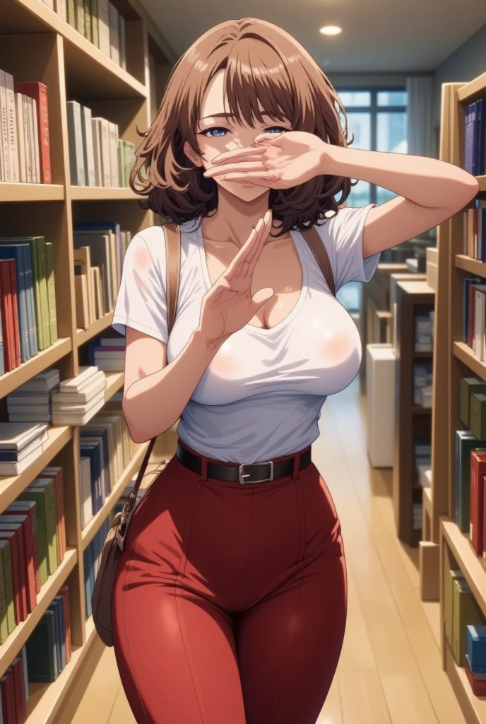 18 year old girl, short red hair, big sad eyes, sad smile, small breasts, thin hips, choker collar, wrist cuffs, naked, nude, pubic hair, standing, near open door, book store, books, evening, nighttime, dramatic lighting, cinematic lighting, masterpiece, best quality