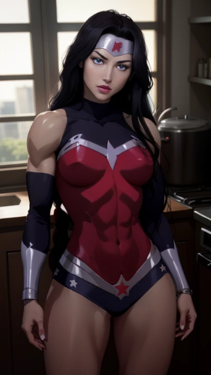 Clay Mann, wonder woman, solo, indoors, black tank top, panties, detailed, masterpiece, best quality, flat colors