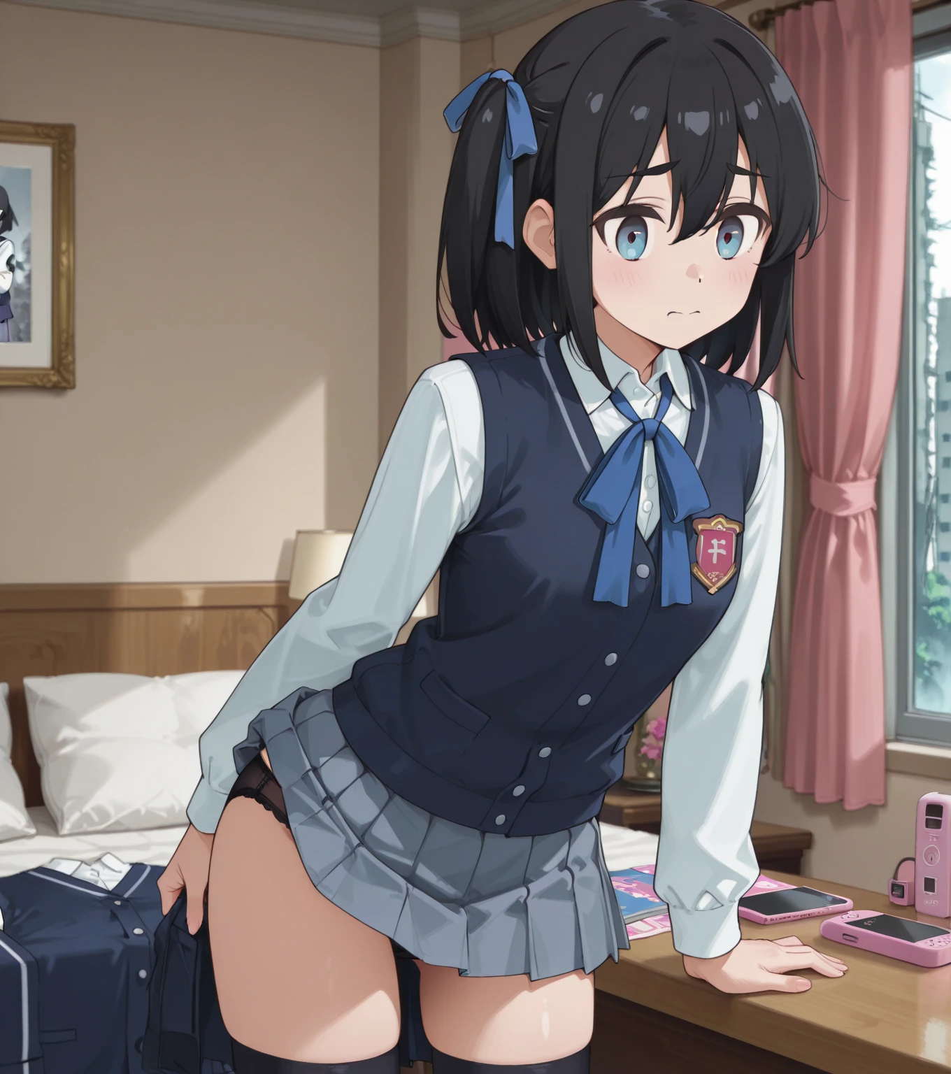 (((Pixel perfect, Perfect details))), alone, 1 girl, Jinko Yazai, Uniforms, looking at the audience, Smile，(Skirt lift:1.3), (thongs:1.1),White panties