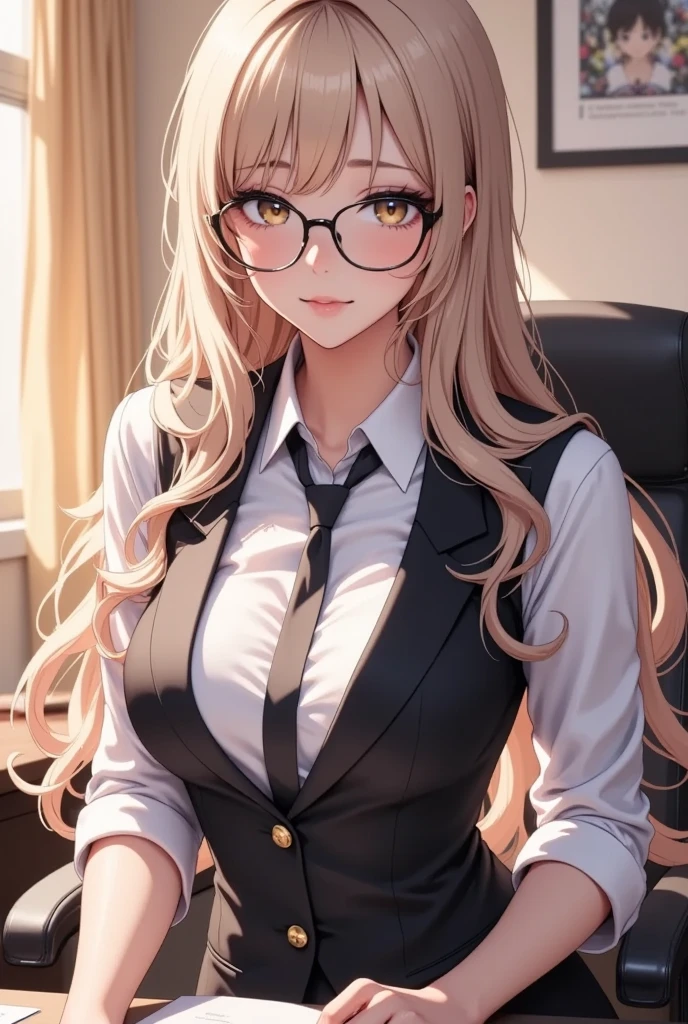  (masterpiece,  computer, mejor quality,  Clear focus, shadow, anime-style, ultra high resolution, 8K, perfect anatomy, PERFECT FACE, (Rostro detailed), ( detailed ojo ), score_9, score_8_above, score_7_above, score_6_above, score_5_above, score_4_above,  source _animated, Label 1, Label2, quality_masterpiece, Anatomically Correct, beautiful face, PERFECT FACE, Beautiful and highly Rostro detailed and eyes, Attractive face, Rostro detailed, Delicate facial features, detailed skin, huge breasts, breast size cup D or DD, wide hips, gigantic butt, thick thighs. looking at the spectator. Anime style illustration of a beautiful woman with an elegant and sensual look. Young anime-style woman with long hair, light blonde and slightly wavy, with open bangs framing her face. She wears black-rimmed glasses and large golden amber eyes, with a soft and professional expression. Her outfit is formal and elegant: wears a white office shirt with sleeves rolled up to the elbows, black tie, and a fitted black vest with metallic buttons on the front. The scene It takes place in an office illuminated by the warm evening light that comes through the window. She is seated in front of a wooden desk, with papers on the table. In the background you can see a sign framed in the wall and a corporate environment. The illustration style is digital, detailed, with realistic anime aesthetics and a serene and professional atmosphere.