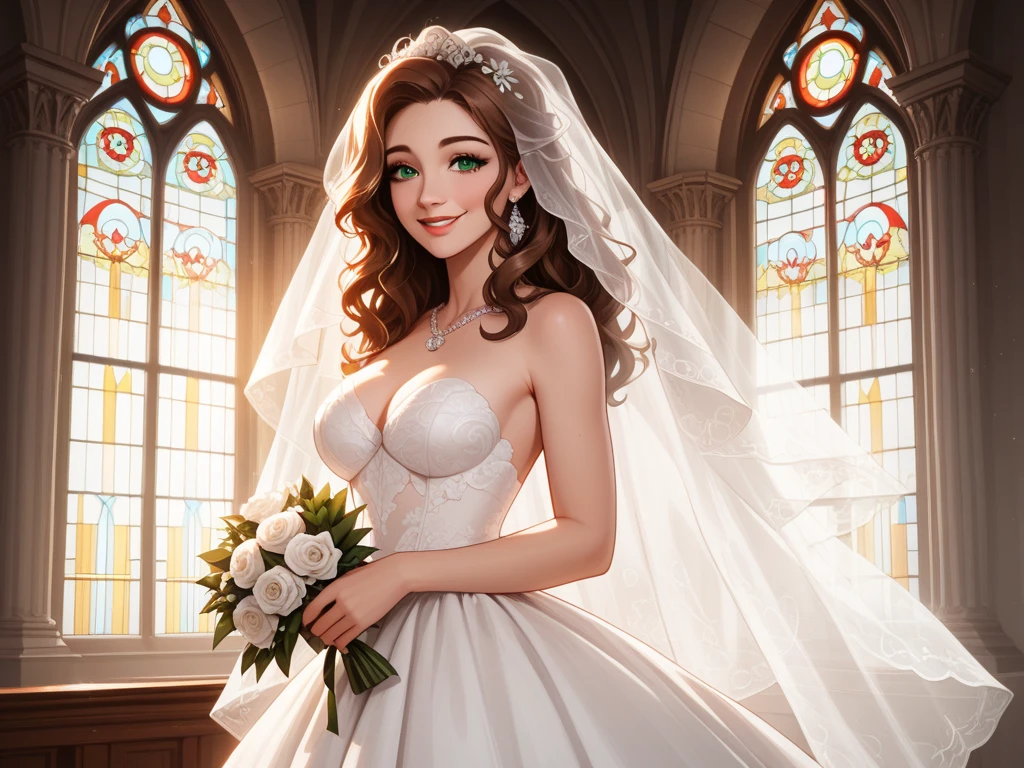 (best quality, masterpiece:1.2), (realistic:1.3),, (ultra-detailed background, detailed background), bokeh,, , gorgeous prom dresses, luxury prom dresses, wedding dress, bridal veil, bridal gauntlets, bridal cascading bouquet,, upper body,, wedding at church,, , 1girl, cute, age, posing, smiling,, dynamic angle, dynamic pose,, , very long hair