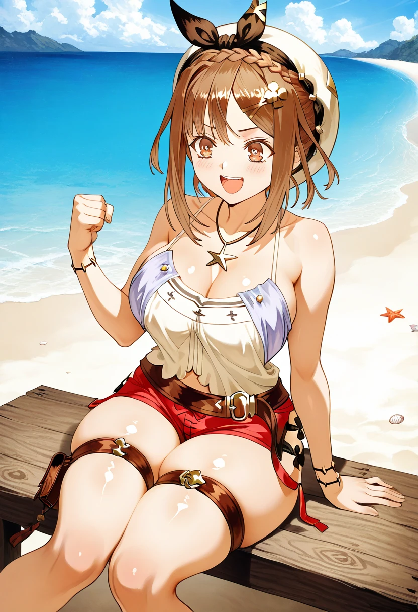 Bikini, beach, beautiful girl, solo, big breast, big thighs, happy, short brown hair, brown eyes, black ribbon on hair , standing, cute
