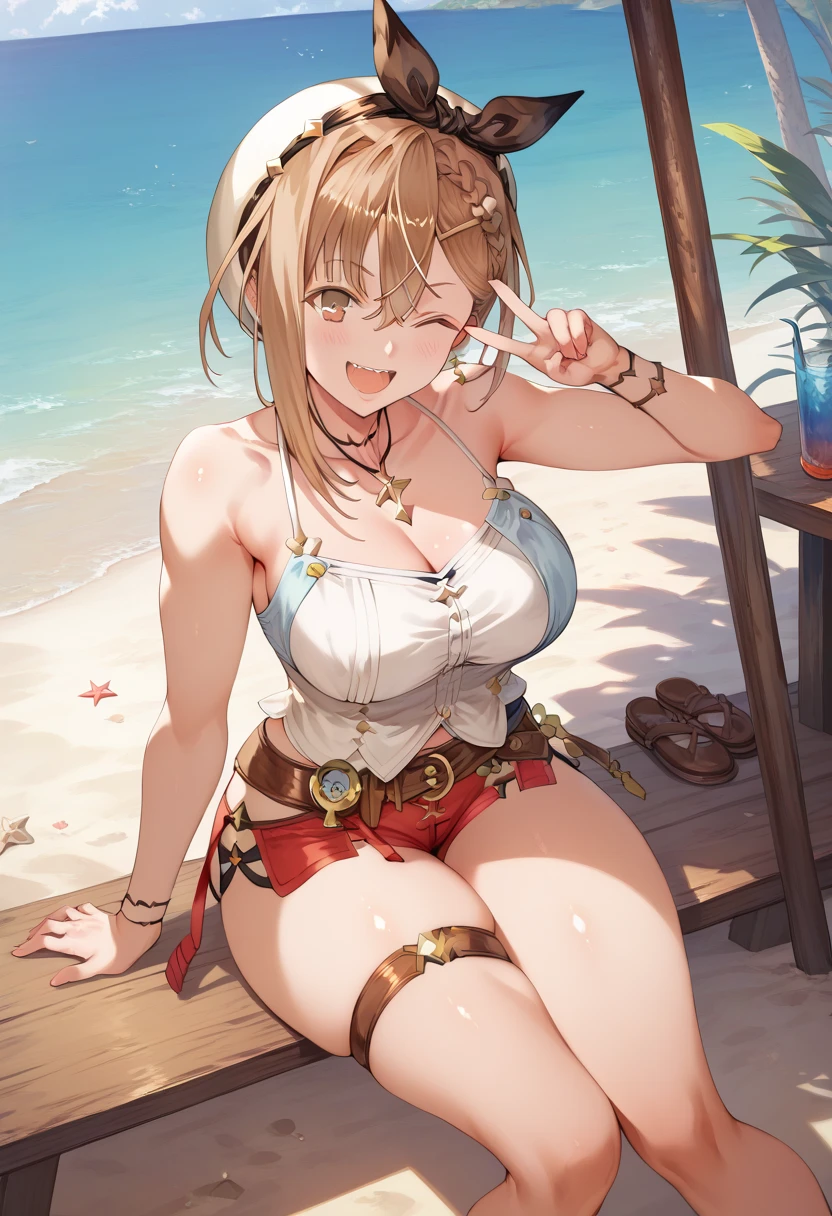 ,brown hair,large breasts,,,smile,open mouth,cleavage,,,wide hips,narrow waist,navel,stomach, eyelashes, eyeshadow, 8k, hdr, raytracing,beach,white bikini,Bright glossy screen,short hair