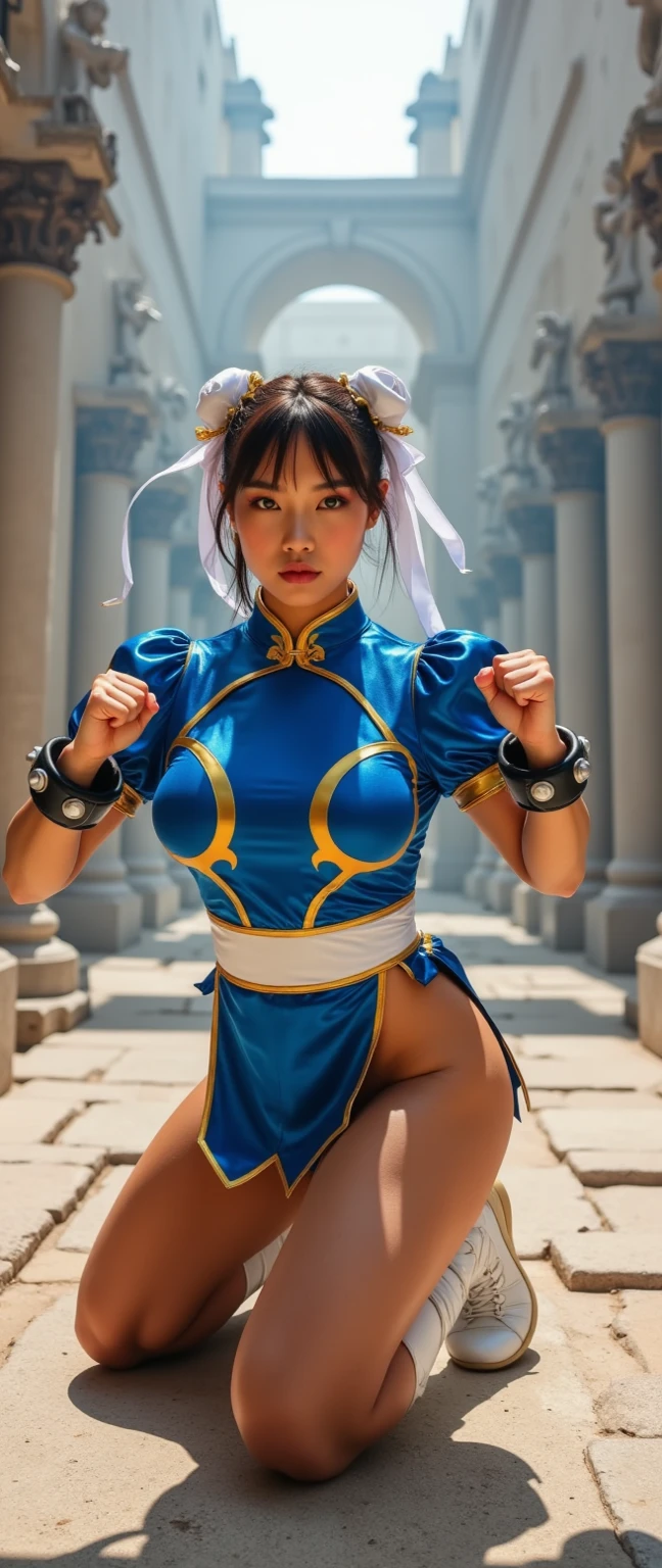 1 cute yuna, sexy chun li outfit, is in a fighting stance ready to face zombies and other terrible monsters, halloween night, view from low angle focused on her butt, (best quality,4k,8k,highres,masterpiece:1.2),ultra-detailed,(realistic,photorealistic,photo-realistic:1.37),HDR,UHD,studio lighting,ultra-fine painting,sharp focus,physically-based rendering,extreme detail description,professional,vivid colors,bokeh,dark fantasy,horror,action,battle,cinematic,dramatic lighting