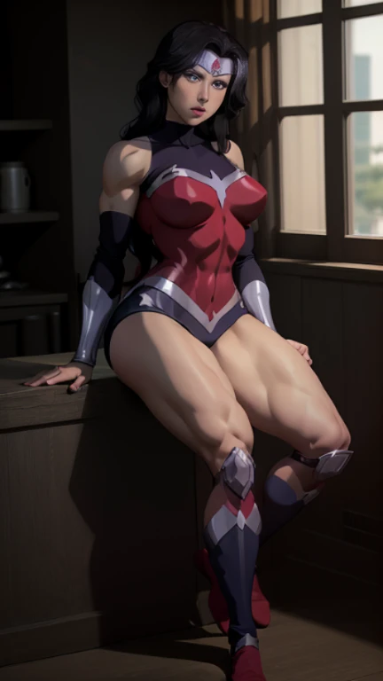 (high resolution, pixel perfect, gorgeous illustrations), (hyper quality, muste piece, etheric: 1.4), ((solo, 1girl)), ((arms behind head)), (((((spread legs, open legs wide))))), cool atmosphere, ((((very short hair)))), ((Exquisite face)), ((((vulgarity)))), (((((((muscular))))))), ((thick thighs)), (((wide hips))), ((Big breasts that are about to burst)), fighter, (((wh_chi_armor))), ((black_zentai, black_bodystocking)), ((cameltoe)), shiny skin, gleaming skin, sweat, simple background,