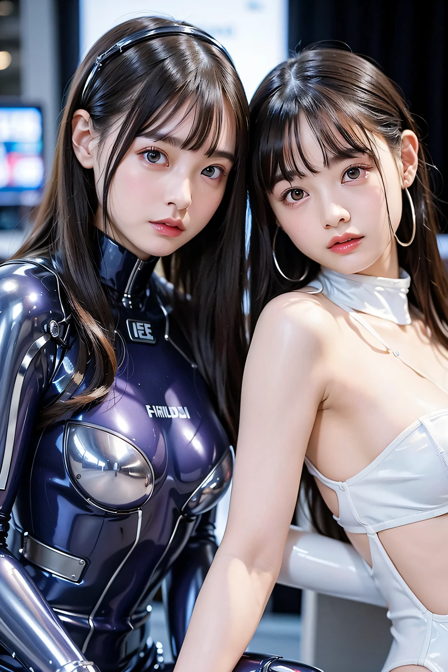 anime of Boku no hero academia woman with white long wavy hair and half black, black Chinese eyes, serious face, bodysuit