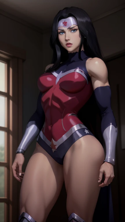 Realistic, Natural Beauty, Masterpiece, Back View Visible, Full Body View Visible, Hailee Steinfeld, Perfectly Accurate Face Proportion, Realistic Light Blue Eyes, Thick Eyebrows, Wonder Woman, Wonder Woman Tiara, Curve Wide Hips, Round Ass, Toned Thighs, Toned Arms, In a low defensive Crouching position , Wonder Woman's tight suit clings to her ass and thighs, highlighting their muscular definition. Her readiness for action is mirrored in the form-fitting fabric