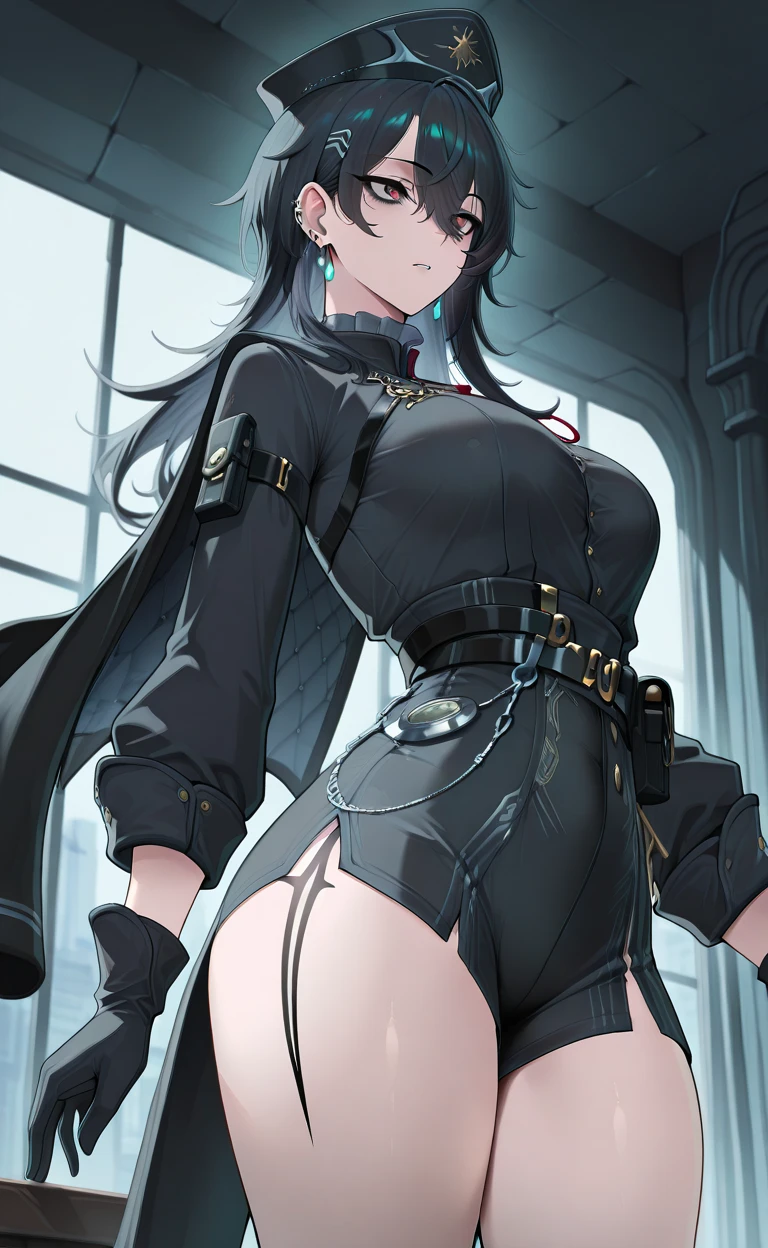 22 years old, (milf:0.8), (solo:1.5), (sfw:1.25), cute breast, beautiful breasts, medium tits, thin waist, big ass:1.0, Raised sexy, (beret, black jacket, open clothes, cleavage, midriff, black shorts, black thighhighs, thigh strap, fingerless gloves, single glove:1.2), blue eyes, light smile, big , Revimpling fabric, earrings, Hand gloves, detailed face,(smoking:1.3),long hair,side ponytail,hair between eyes,bangs,detailed and beautiful eyes,beautiful detailed lips,Rolling her eyes,manner,hair over one eye, (ultra high resolution, 8K RAW photo, photo realistics, thin outline:1.3, clear focus), best qualtiy, natural lighting, textile shading, blurry back ground, field depth, (Bright pupils, fine detailed beautiful eyes with highlight:1.3, high detailed face), Red lip, fine realistic skins:1.1, looking down viewers:1.3, (dynamic angle:1.3, front view:1.1, breast focus:1.3, from below:1.2), (dynamic posing:1.5, sexy posing:1.2),Youghal, side lock, hair ornaments, hair band,nice,garden background,artistic rendering,Super detailed,(highest quality,4k,8K,High resolution,masterpiece:1.2),Bright colors,studio lighting