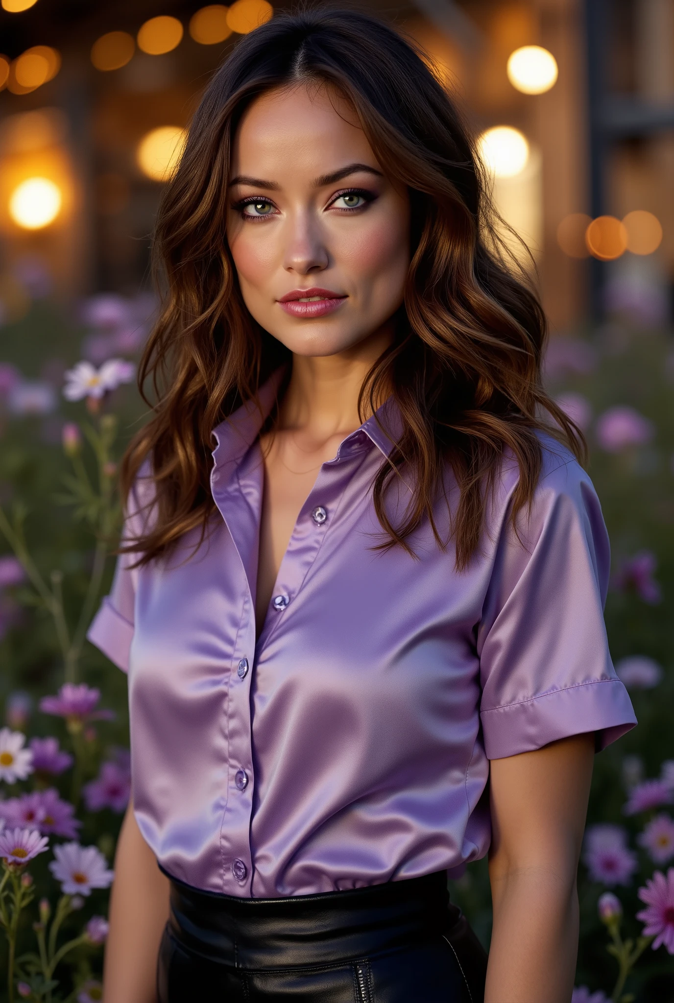 Foto hiperrealista en primer plano de Olivia Wilde, masterpiece, best quality, (photorealistic:1.4), full body, (lavender satin luxury short sleeve button-up shirt :1.1), (leather skirt), cinematic light, beautiful woman, medium breasts, wavy brunette hair, detailed face, photo taken from a distance, in a old abandoned factory, amber twinkle lights in background, romantic lighting, (surrounded by flowers:1,15), (sunset:1.05), action pose