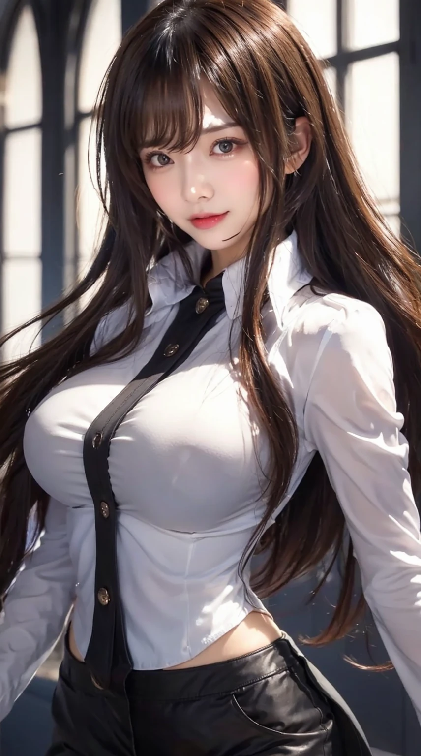 1girl, cute face,pretty face, jaw dropping beauty, cute smile,white leather pants、white leather jacket , Indian mythology girl,((ultra high detailed 1.9)),((ultra high resolution 1.9)),((ultra high quality 1.9)),(masterpiece)), (perfect lightings), (very Big breasts 1.9)), ultra huge breast, deep neckline sexy navel, showing her body