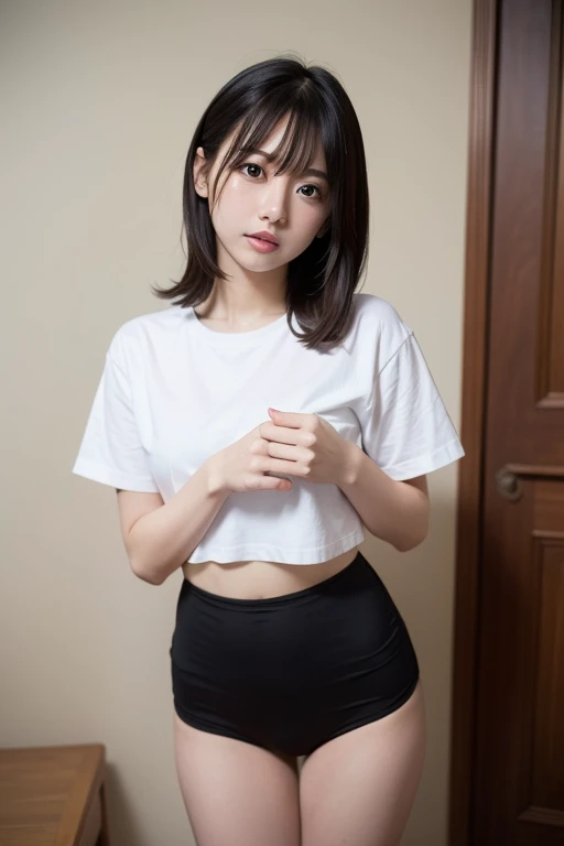 top-quality,masterpiece,Raw photography,8K,Top image quality,hight resolution, 18 years old Japanese female idol ,Beautuful Women,cute Japanese girls, Pretty Woman ,Beautiful face in every detail, aegyo sal ,small head, seductive smile ,Realistic human skin, pale skin ,cut model , Short hair ,bowl cut ,skinny body ,Sweat, t-shirts,rib ,(low rise pants,from side, put one's hand inside one's clothes ), navel focus, arched back,