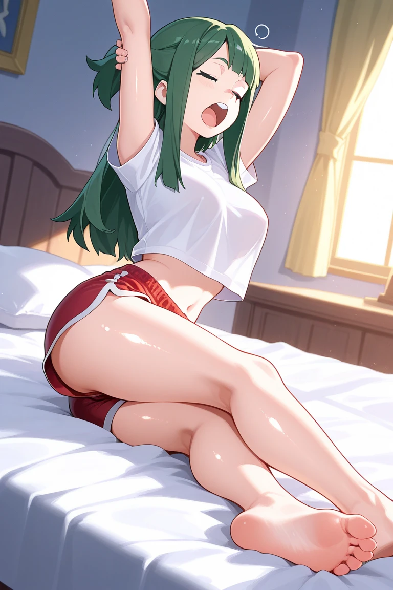 masterpiece, highest quality, Super detailed, 1 girl, Mion Sonozaki, green hair, green eyes, ponytail, surprise:1.3、blush、normal chest、white gym uniform、red bloomers:1.3、(
barefoot)、dark blue socks、big smile、
crawl on all fours、Showing her ass from behind