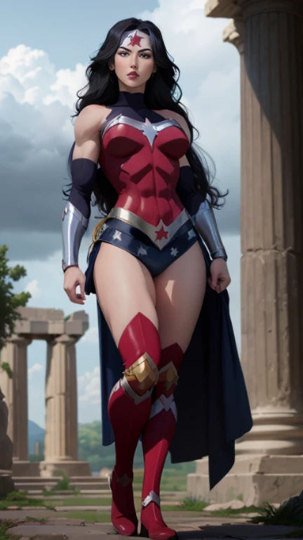 Show entire body, feet in view, aerial view, Short-haired Wonder Woman, large full breasts、Looking at the camera、Glossy costume, stockings, no shoes, Crotch、Super Mini Pleated Skirt、outdoors
