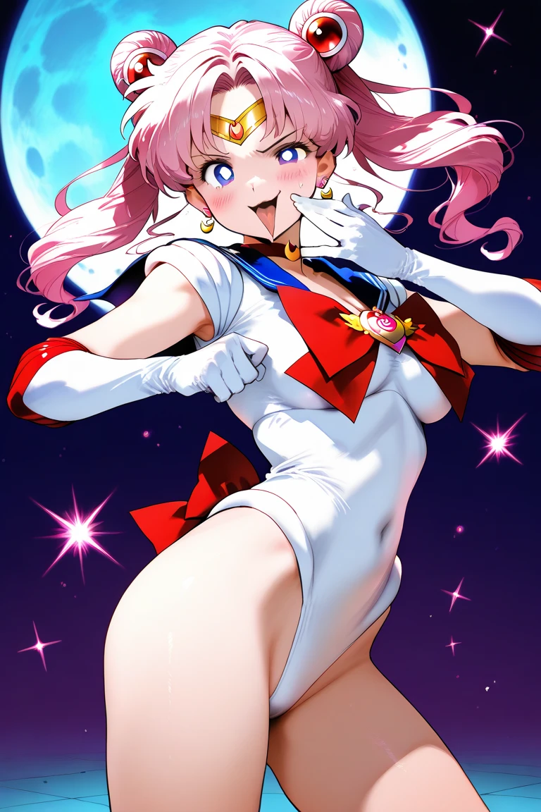 obra maestra, Mejor calidad, absurdos, perfect anatomy, 1 girl, Solo, SMMoon, adolescente, 1990s \(Estilo\), Sailor Chibi Luna Cabello Rosa, pupilas rosadas ojos, subir las escaleras, de cerca, Sonrisa, tiro de vaquero, Uniforme Sailor Senshi Rosa, Collar marinero rosa, falda plisada rosa, guantes de codo, en postura de espalda, Show off your loot, backward, No hay tanga en un gran trasero, cuerpo completo, aausagi, de cerca booty (falda levantada por el viento, Exponiendo su) (cara de alto detalle)