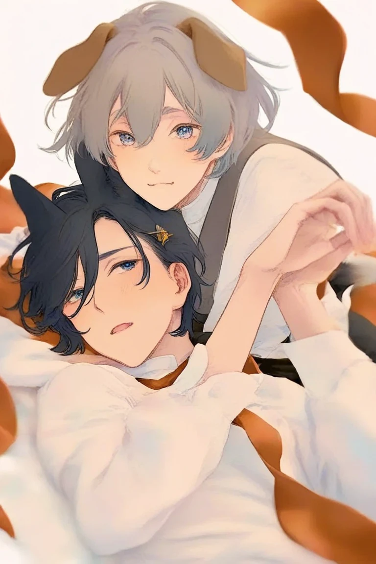 Soft boy with twenty years old,white shortcut hair,green sleepy eyes ,soft smile,sweatshirt anime style ,hugs another guy which twenty five year old ,black wolf hair,yellowish brown sharp eyes ,wears black jacket