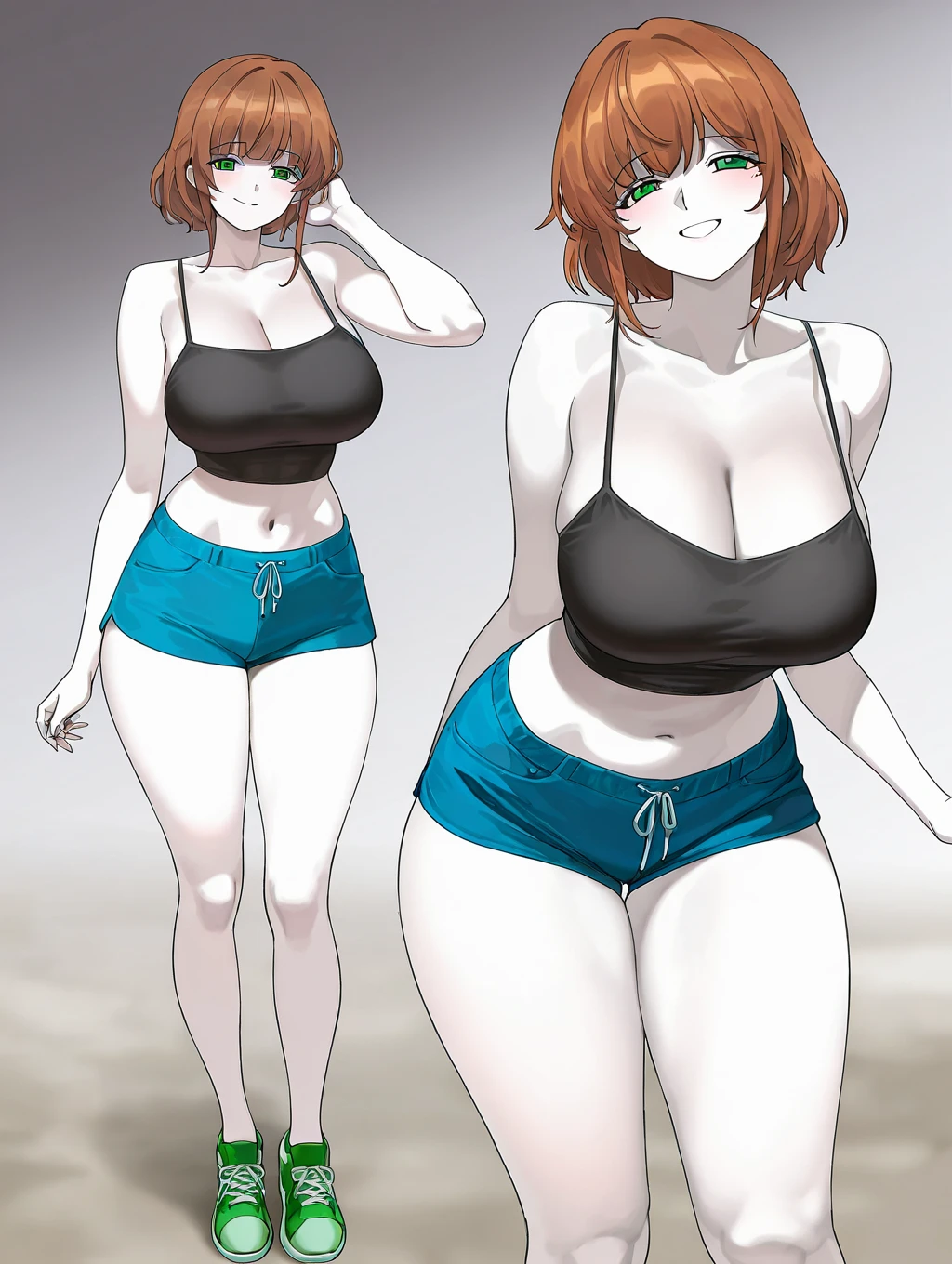 ((masterpiece)),(((best quality))),((character design sheet)), ((full body view)) illustration,1girl, muscular, ((blue micro bikini:1.5)), milf, ((detailed face:1.4)), beautiful woman, ((gigantic breasts:1.3), shiny skin, (wide hips:1.3), smile, pose, 8k,16k, (simple background, white background: 1.3), curvy body, mussels,
