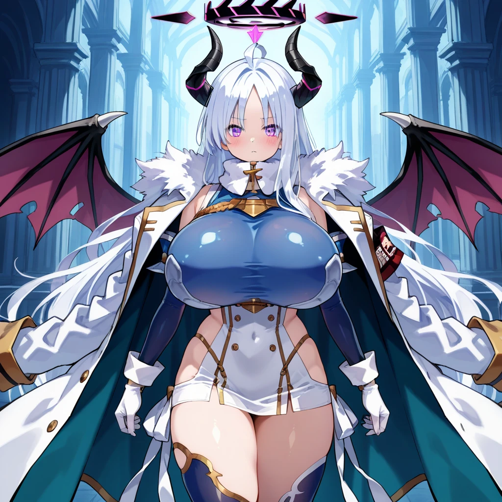 ((masterpiece)), ((Top image quality)), ((Hi-Res)), ((Ultra detailed CG unified 8k wallpaper)), 独奏, Low Angle Full Body Shot,(Bloody background)、silver castle、borgar、细致背景,遊戯王!,White hair、Woman in white robes, Seductive Anime Girl, perfect gray hair girl, ((best ratio four finger and one thumb))、(King's Chair)、Luxurious armrests、Delicate bloody throne、(Bloody)、Delicate black throne、Have a big weapon、Chest covered、white haired god, white hair, troll、(doyagao:1.5),Smirk,(grin),(full body Esbian),Naughty,with a big chest, legs crossed,Chic, (Bat Wings), (bright skin)、White-haired,erotick 、Big Red Moon、 beautiful alluring anime woman, White interior、stain glass、chandeliers、 ((extremely delicate and beautiful))