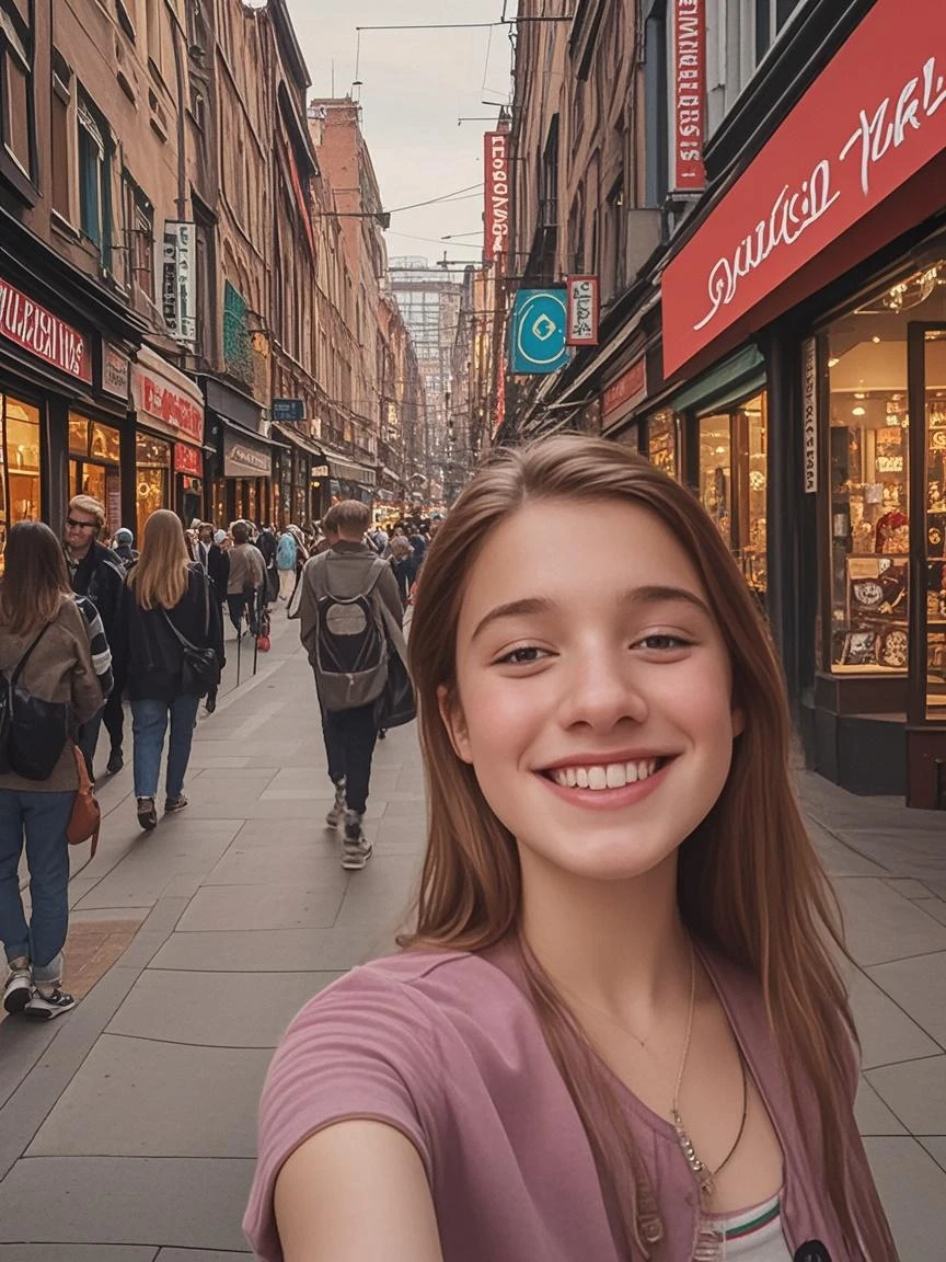 A 16 year old girl taking a selfie in front of Sephora without her phone