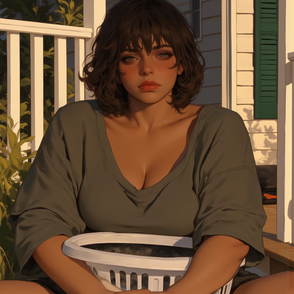 African girl , (black Afro), 80's anime style, (semi big chest chest), thighs, hips, small waist, park bench, biker shorts, in basement washing clothes, in bra with messy food particles on boobs basement server background.