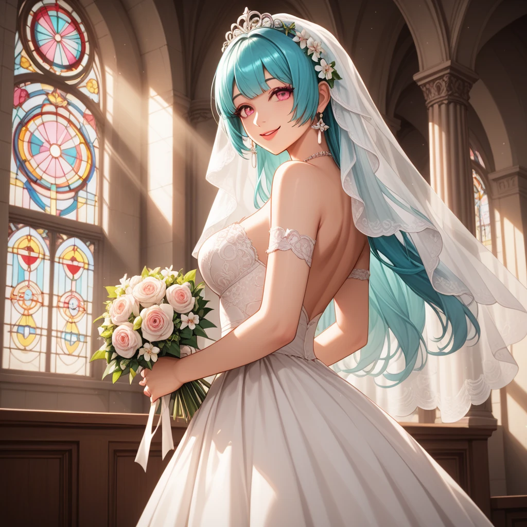 Sky Blue Medium Hair, (Braided Hair),(Pink Eyes),Fair skin ,(whole body),(1 girl),bride,blush,Straight bangs, 6月のbride,Wedding dress,(masterpiece, Highest quality, Very detailed, Best Shadow), (Detailed Background), (Beautifully detailed face), High Contrast, (Best lighting, Very delicate and beautiful), ((Cinematic Light)), colorful, Hyper Detail, Dramatic Light, Intricate details,Wedding hall,