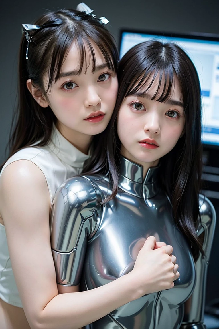 masterpiece, highest quality, 2girls, ((korean)), two sisters, petite bodies, ((small breasts)), scared, innocent, crying, sad, cute, (metal latex leotard), prison background, collar, restraints