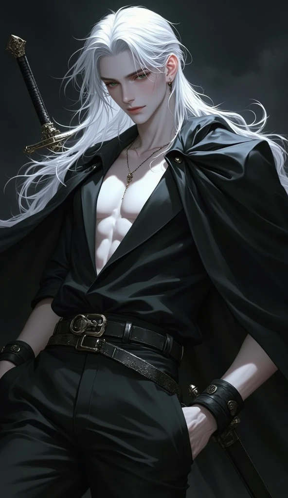 1 man,guy, handsome,Standing on a hill, at night,,white hair, long hair, red eyes,No shirt (nude), black shorts,at night,ultra detail, perfect face, clear face, HD face,Ultra detailed face,half body photo