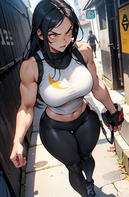 sad frown muscular girl muscular girl black hair yellow eyes pale skin breasts full body squatting from below