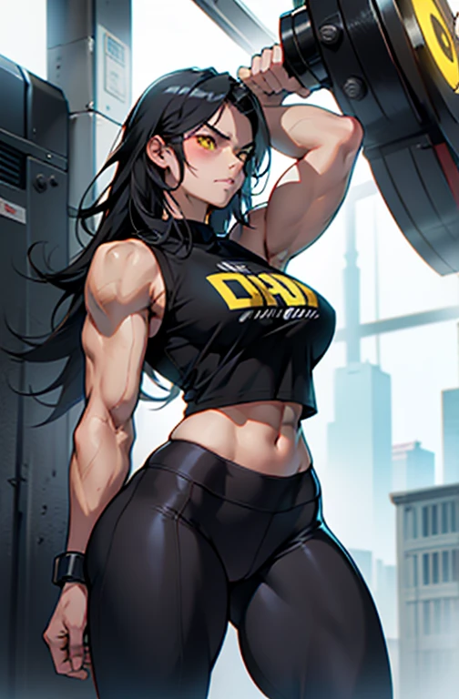 (((((Massive Female Bodybuilder))))), beautiful, slacks, tube top,black hair, porcelain skin tone, gigantic breasts, highly detailed, masterpiece, slendered abs, puffy lips