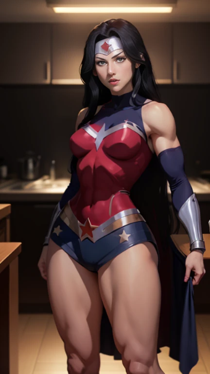 wonder woman,dc,alternate hairstyle,black hair,blue eyes,looking at viewer,muscular female,shiny skin,smile,spread legs,thong,topless