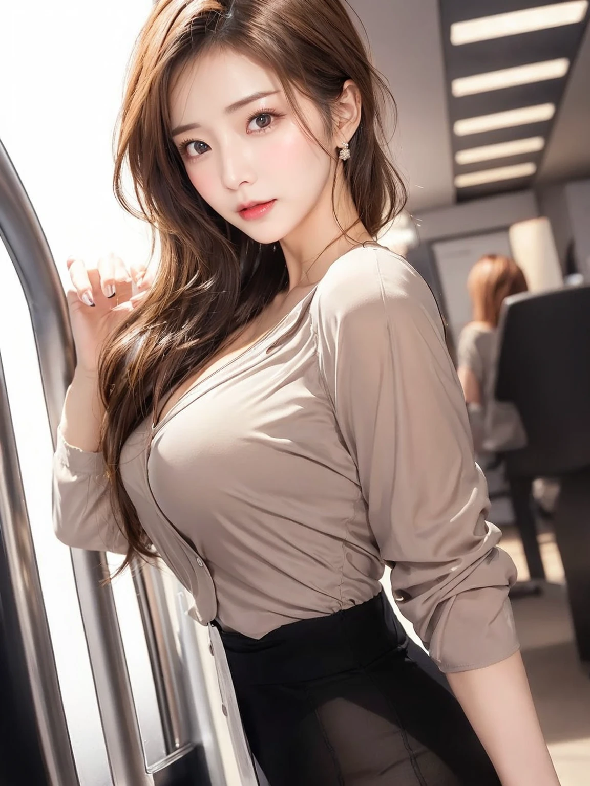 Mature Milf Young,Office Clothes,Erotic style,So cute,whole body,Perfect face with soft skin,Gorgeous long brown hair,8K resolution,Ultra-realistic,Super detailed,high quality,Erotic beautiful immature woman in fashionable clothes,(Look at the viewers)