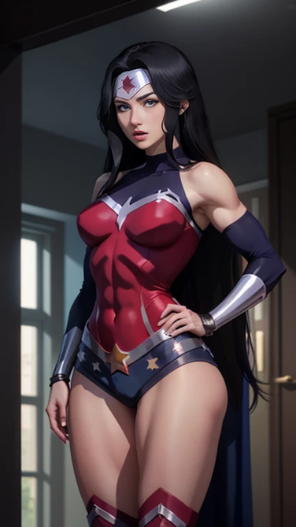 (masterpiece:1.2), (best quality:1.2), perfect eyes, perfect face, perfect lighting, 1girl, MILF, Female, superhero, leotard, bare legs, hands on hip, full body, city backdrop, 1girl, Wonder Woman,